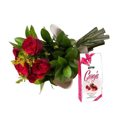 Buquê de 6 Rosas Vermelhas com Caixa Bombom de Cereja