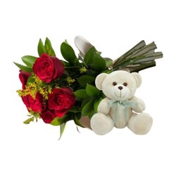 Imagem de Buquê 6 Flores Vermelhas com Ursinho de Pelucia
