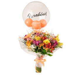 Imagem de Buquê Sarah de Astromelias Coloridas com Balão