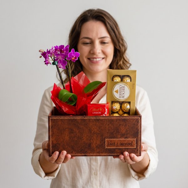 Box Surpresa com Orquídea e Chocolates