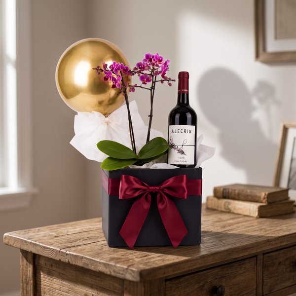 Cesta de Presente com Orquídea, Balão e Vinho