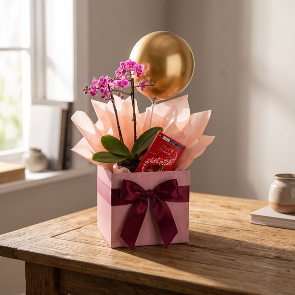 Cesta Presente Floral Deluxe Orquídea, Balão e Lindt