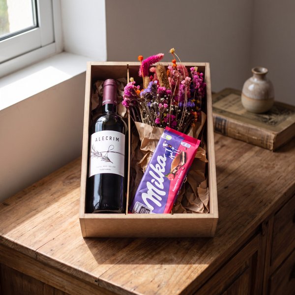 Kit Vinho com Flores Secas e Chocolate