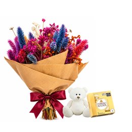 Imagem de Mini Buquê de Flores Seca com Urso e Chocolates