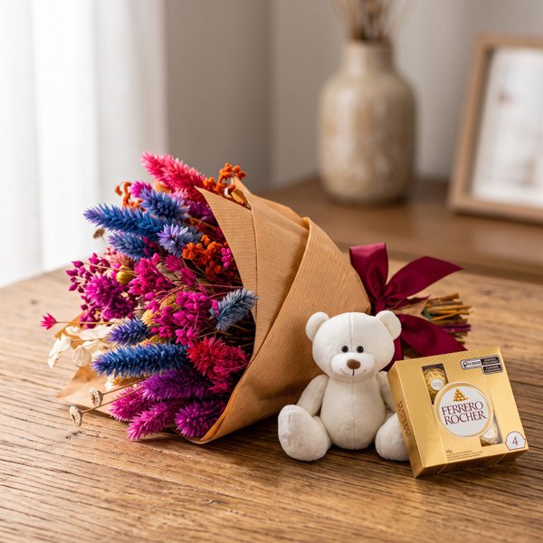 Mini Buquê de Flores Seca com Urso e Chocolates