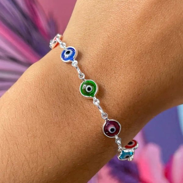 Pulseira Olho Grego Colorida - Prata 925