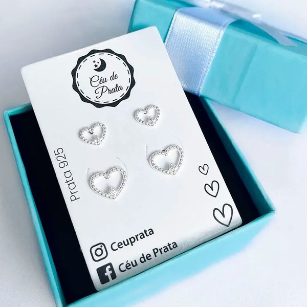 Kit Dois Brincos Corações Vazados - Prata 925