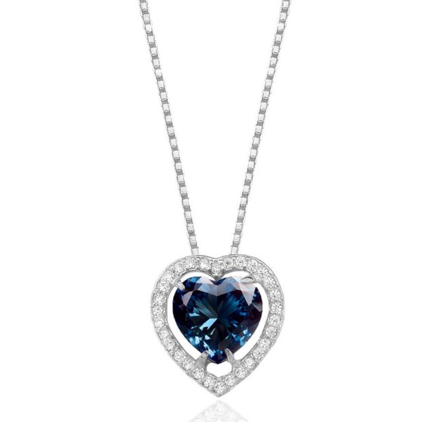 Colar de Prata Coração Zircônia Azul Cravejada