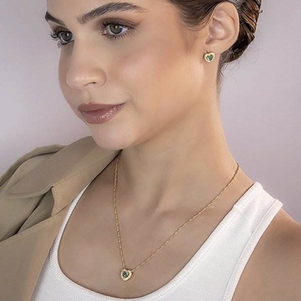 Conjunto Corações Zircônias Verdes Folheado Ouro 18K