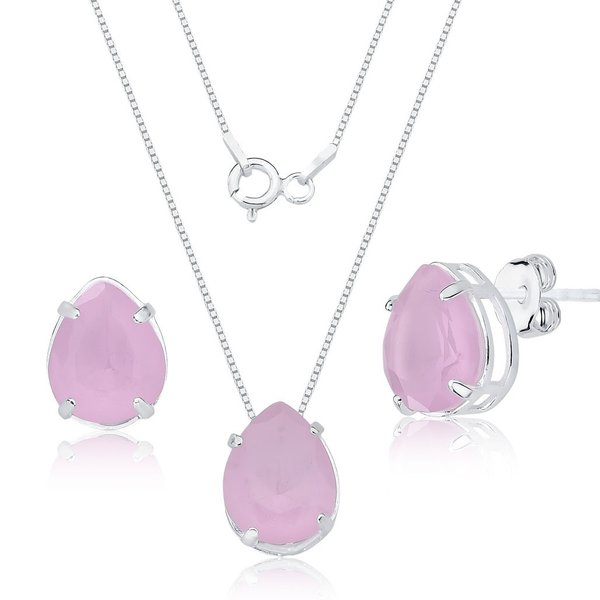 Conjunto Colar e Brinco Zircônia Rosa - Prata 925