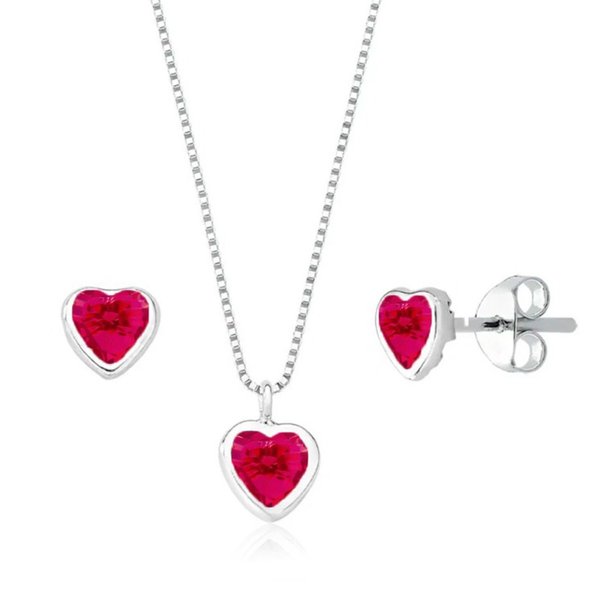 Conjunto Colar e Brinco Coração Pink - Prata 925
