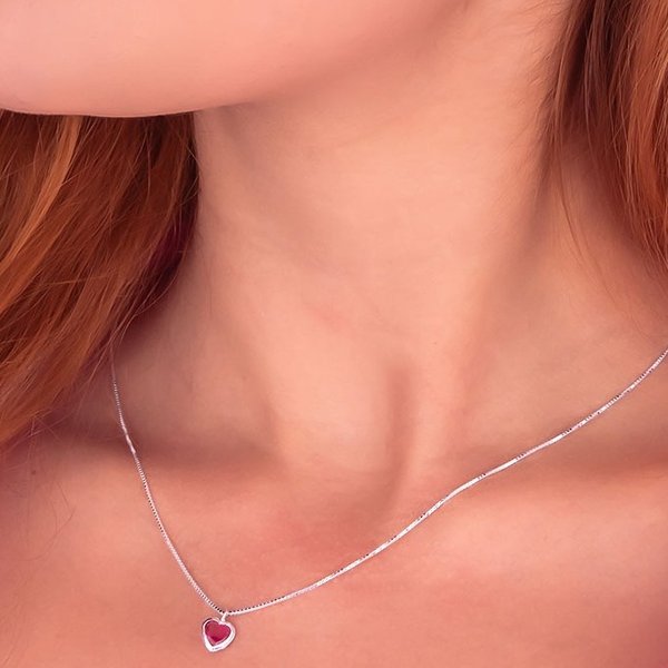 Conjunto Colar e Brinco Coração Pink - Prata 925