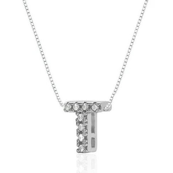 Colar de Prata Letra Inicial T com Zircônias 45cm