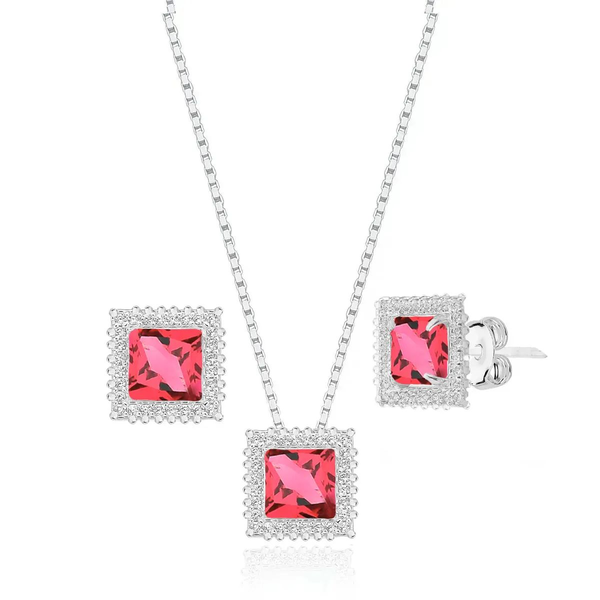 Conjunto Prata Legítima Cravejado Rosa