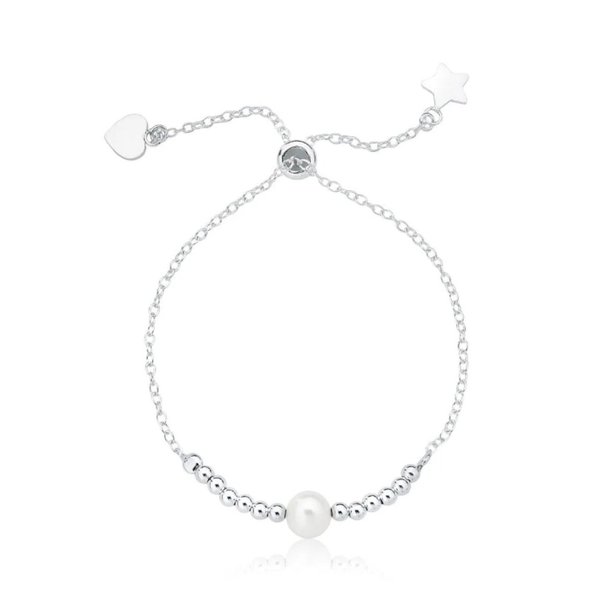 Pulseira de Prata Regulável Bolinhas e Pérola (1mm)