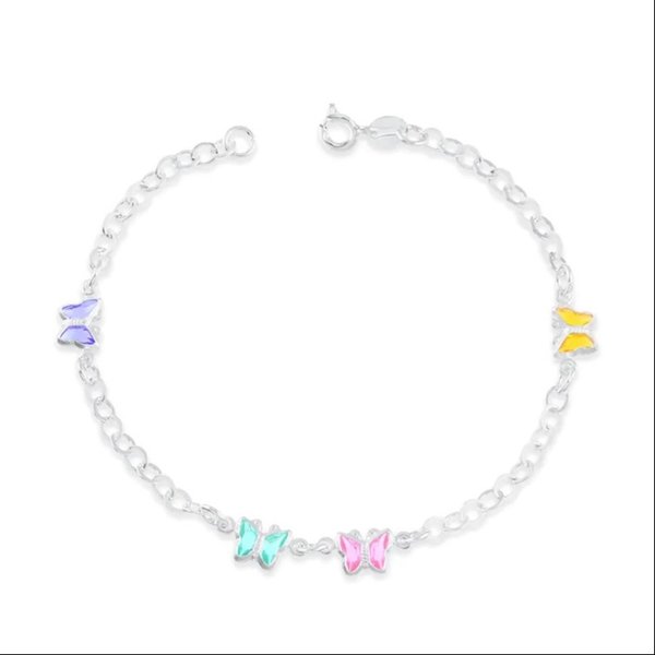 Pulseira de Prata Borboletas Coloridas 18cm