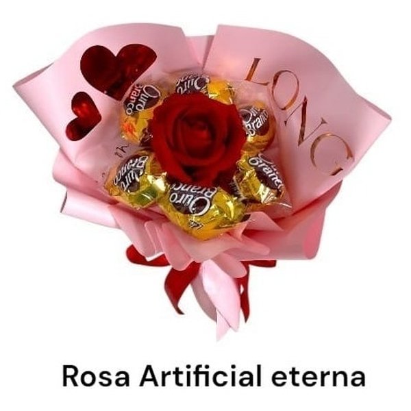 Buquê Serena Rosa Solitária e Bombons