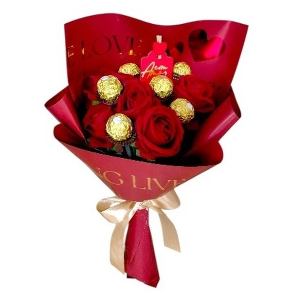 Buquê de Bombons de Chocolate e Rosas Eternas 