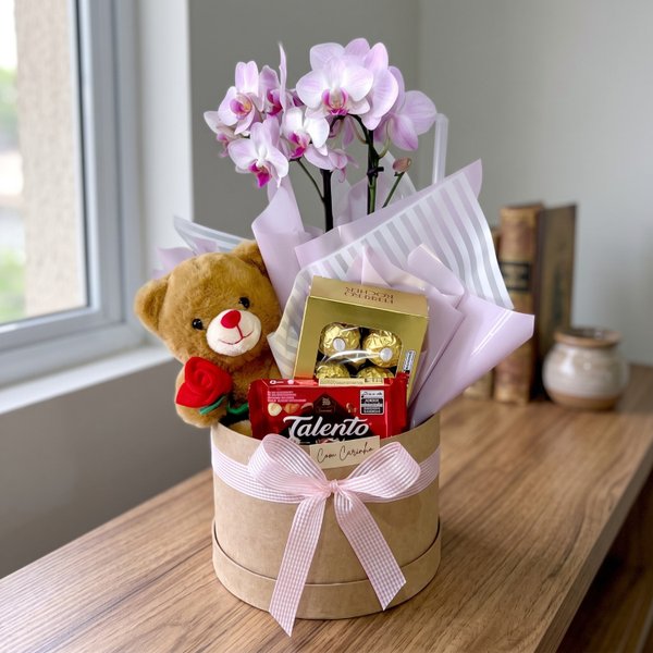 Cesta Suzy Chocolates, Orquídea e Pelúcia