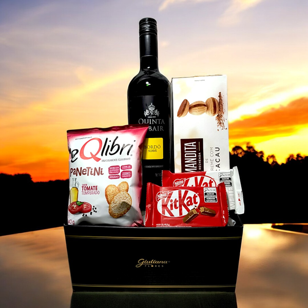  Cesta Prata com Vinho e Chocolates