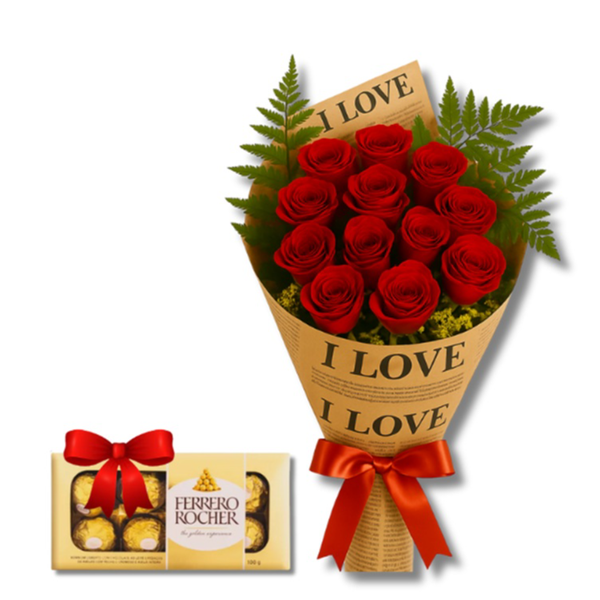 Buquê de 12 Rosas Vermelhas com Chocolates