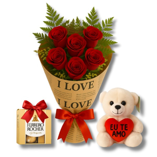 Buquê de 6 Rosas, Ferrero Rocher e Urso de Pelúcia