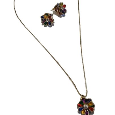 Conjunto Flor Cristal Multicor Dourado
