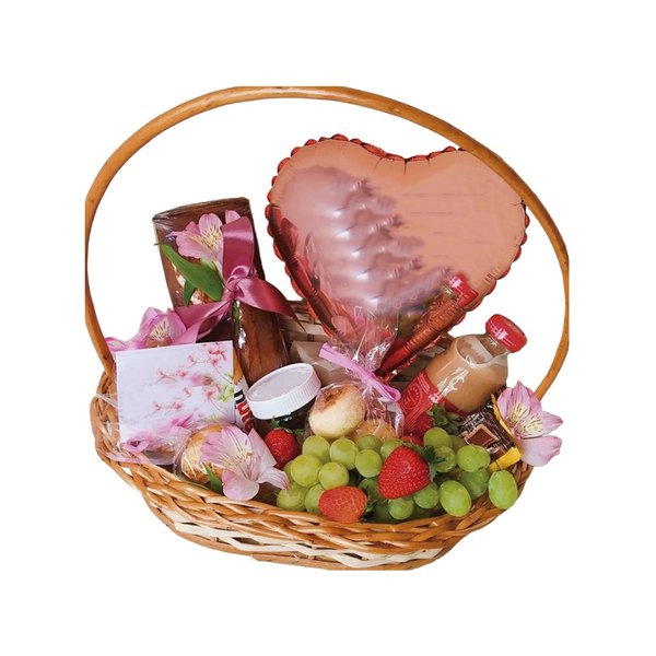 Cesta de Presente Média em Vime com Balão Coração 