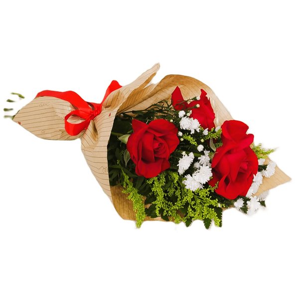 Buquê de 3 Rosas Vermelhas e Acompanhamentos