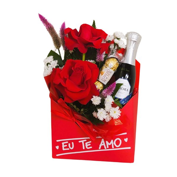 Cesta Envelope Kraft Rosa e Chocolates