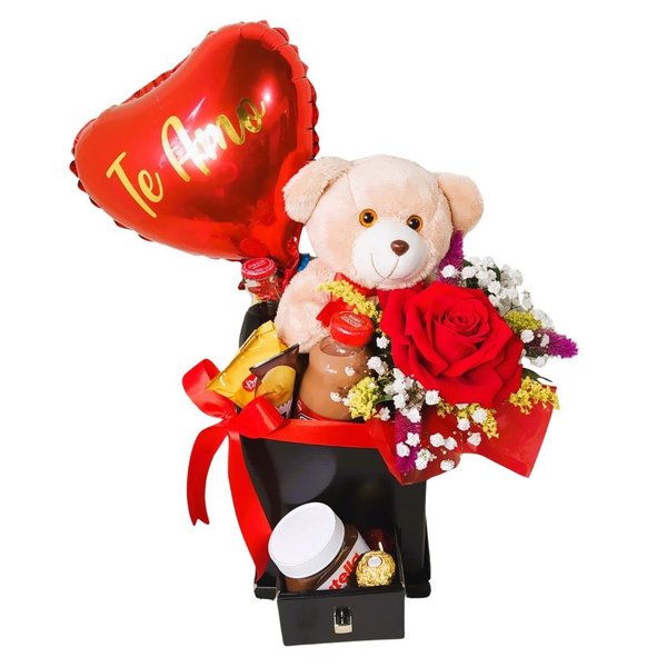 Caixa Gaveta Romântica com Chocolates Urso e Flores