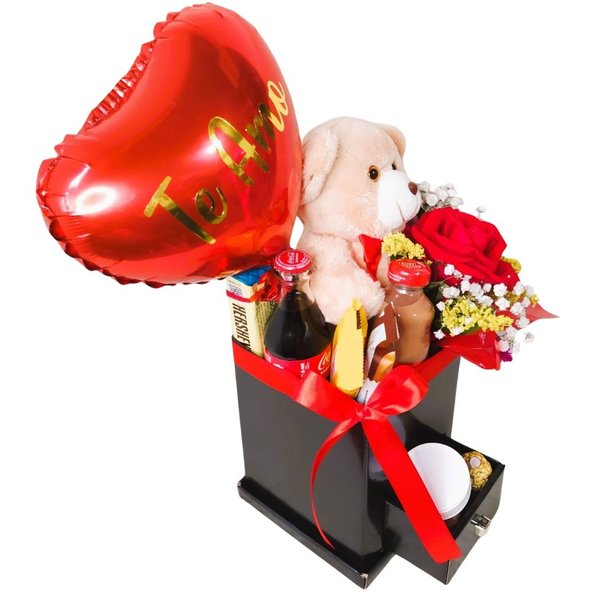 Caixa Gaveta Romântica com Chocolates Urso e Flores