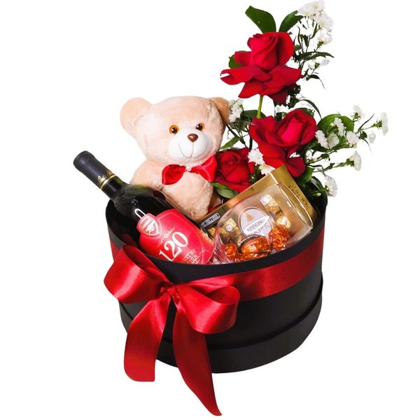 Cesta Box Luxo G Redonda Urso Bebida Petiscos e Flores