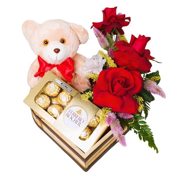 Cesta Coração Rústico M com Chocolates Urso de Pelúcia