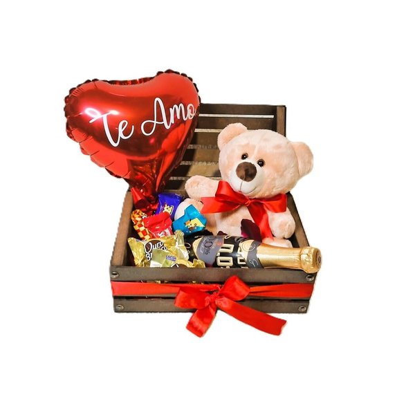 Baú Romântico Com Mini Espumante Chocolates e Urso 