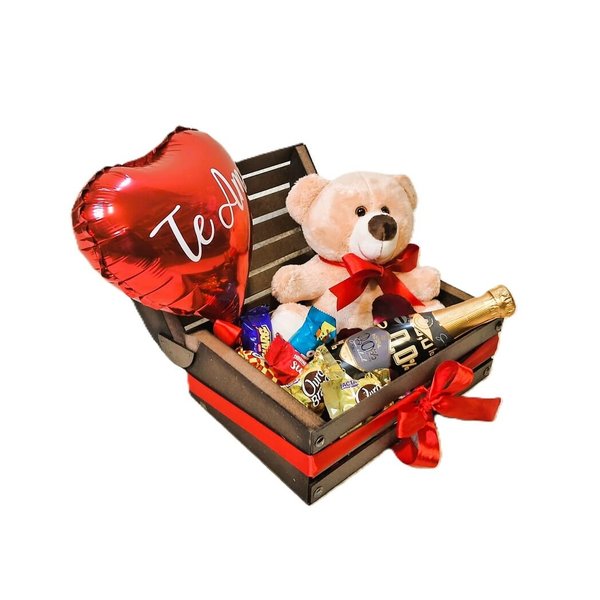 Baú Romântico Com Mini Espumante Chocolates e Urso 