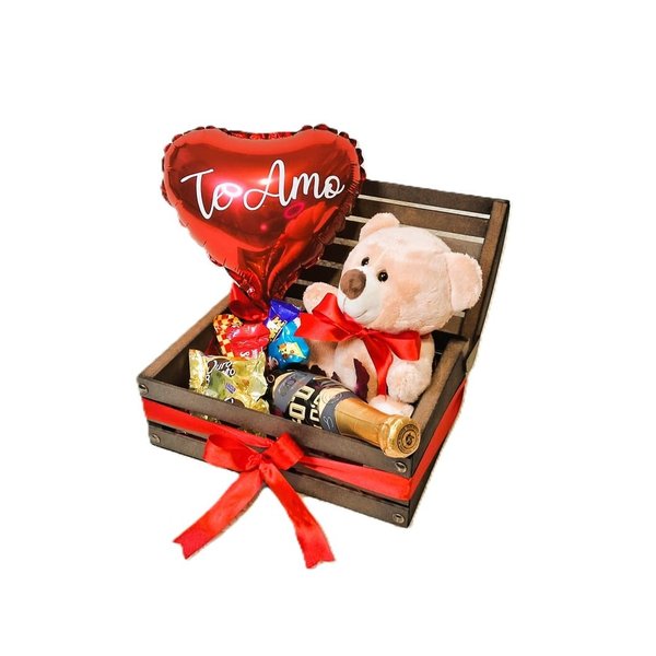Baú Romântico Com Mini Espumante Chocolates e Urso 