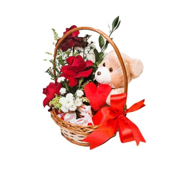Cesta de Vime Romântica  Com Rosas Chocolates e Urso 