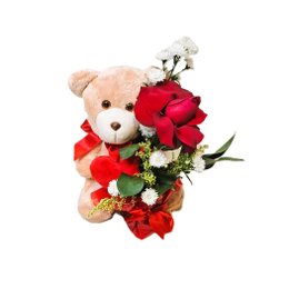 Imagem de Urso de Pelúcia 20cm Com Coração e Arranjo de Rosa