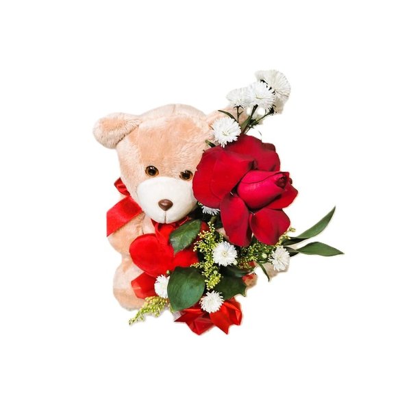 Urso de Pelúcia 20cm Com Coração e Arranjo de Rosa