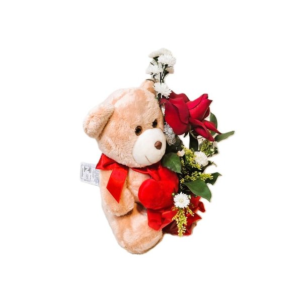 Urso de Pelúcia 20cm Com Coração e Arranjo de Rosa