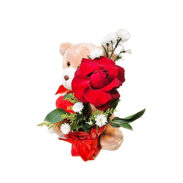 Urso de Pelúcia 20cm Com Coração e Arranjo de Rosa