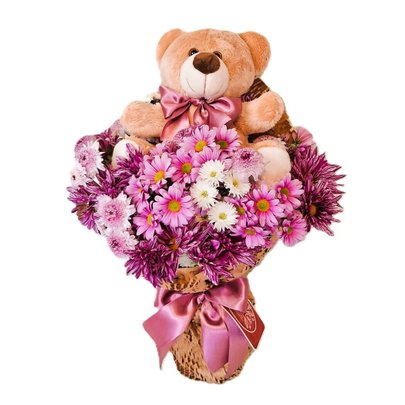 Buque de Flor do Campo com Urso de Pelúcia 15cm