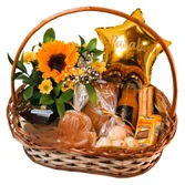 Cesta de Presente Média em Vime com Balão M e Girassol