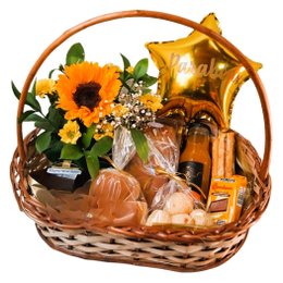 Imagem de Cesta de Presente Média em Vime com Balão M e Girassol