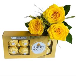 Imagem de Buquê 3 Rosas Amarelas e Ferrero 