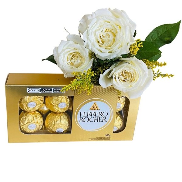 Ramalhete 3 Rosas Brancas e Ferrero 