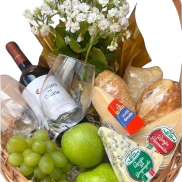 Cesta Premium de Queijos Vinho e Pães Especiais 