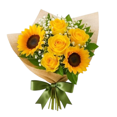 Buquê Encanto Dourado de Girassóis e Rosas