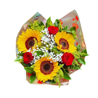 Buquê 3 girassois e 3 rosas vermelhas